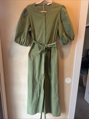 Rebecca Taylor Moss Green Puff Sleeve Jumpsuit with Back Zip